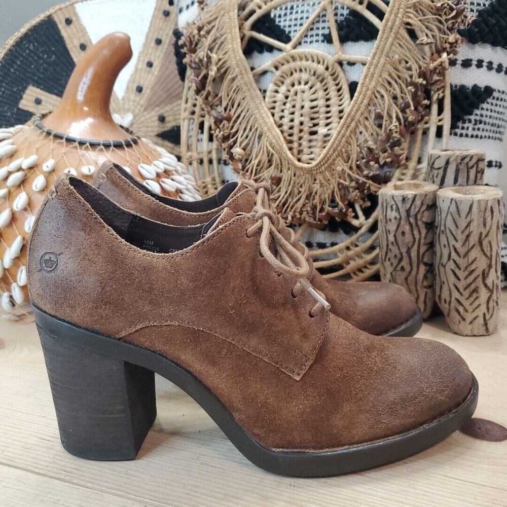 Born Women's 10M Jolene Boot Block Heel Oxford Brown Leather Shootie Lace Up
